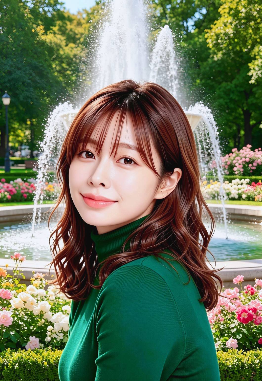 庭園を背景にしたモデルSのプロフィール写真