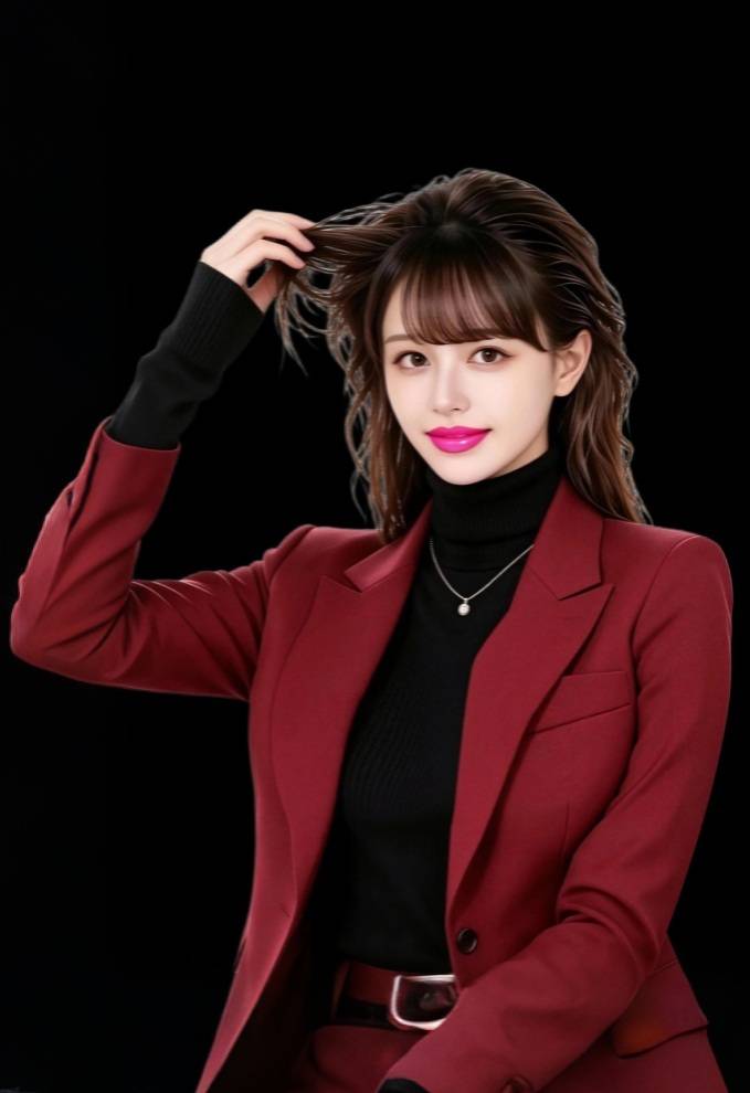 赤いジャケット姿で髪に手を添える女性キャスト